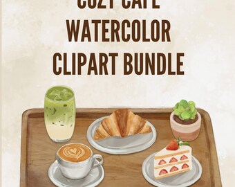 Hand Painted Watercolor Cafe Clipart Bundle, Coffee, Pastry, Menu Branding (PNG, Commercial Use)