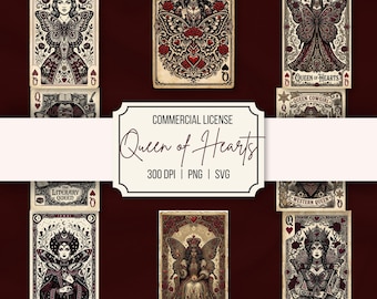 Queen of Hearts PNG Bundle | Queen of Heart SVG | Playing Card Queen | Red Pink Queen PNG | Queen Sublimation | Heart Queen DigitalDownload