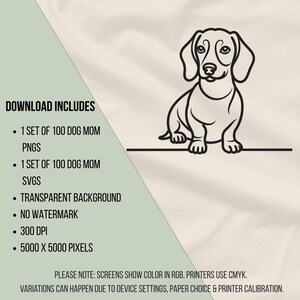 May include: A black and white line drawing of a dachshund dog sitting on a horizontal line. The image includes text that says "DOWNLOAD INCLUDES" and lists file formats and specifications. The dog has large, floppy ears and a long body.