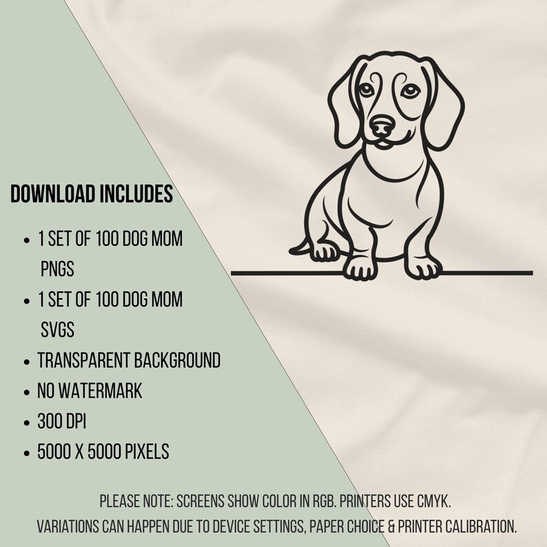 May include: A black and white line drawing of a dachshund dog sitting on a horizontal line. The image includes text that says "DOWNLOAD INCLUDES" and lists file formats and specifications. The dog has large, floppy ears and a long body.