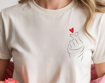 Finger Heart T-Shirt, Minimal Line Art, Valentine Gift