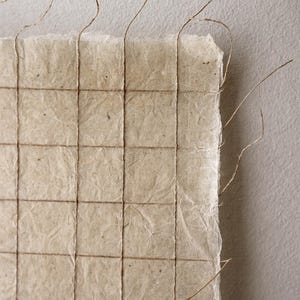 May include: A sheet of textured, off-white handmade paper featuring a dark brown grid pattern. The paper has a rough, deckled edge with loose, thin brown fibers extending from the top and right sides, creating a raw and organic appearance.