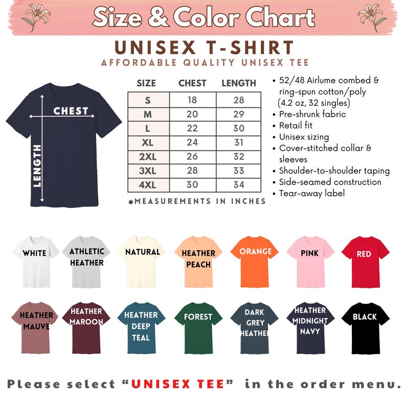 K&ouml;nnte beinhalten: Gr&ouml;&szlig;en- und Farbtabelle f&uuml;r ein Unisex-T-Shirt mit Brust- und L&auml;ngenma&szlig;en in Zoll. Verf&uuml;gbare Farben sind Wei&szlig;, Athletic Heather, Natur, Heather Peach, Orange, Pink, Rot, Heather Mauve, Heather Maroon, Heather Deep Teal, Forest, Dark Grey Heather, Heather Midnight Navy und Schwarz.