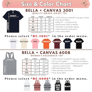 K&ouml;nnte beinhalten: Gr&ouml;&szlig;en- und Farbtabelle f&uuml;r Bella + Canvas 3001 Unisex-T-Shirts und 6008 Damen-Tanktops. Enth&auml;lt Brust- und L&auml;ngenma&szlig;e in Zoll, verf&uuml;gbare Farben und Stoffdetails. W&auml;hlen Sie "BC-3001" oder "BC-6008" im Bestellmen&uuml;.