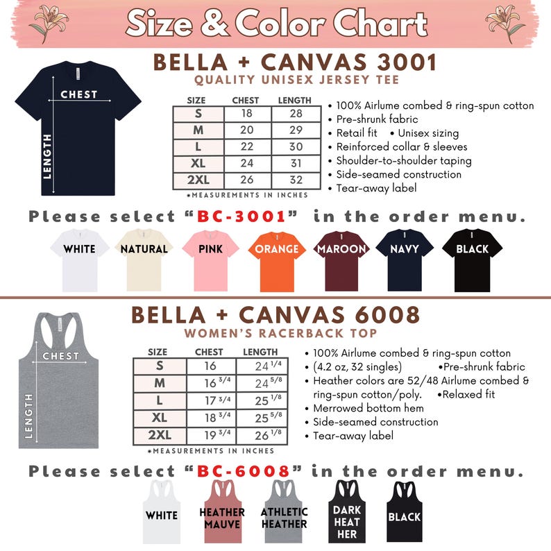 K&ouml;nnte beinhalten: Gr&ouml;&szlig;en- und Farbtabelle f&uuml;r Bella + Canvas 3001 Unisex-T-Shirts und 6008 Damen-Tanktops. Enth&auml;lt Brust- und L&auml;ngenma&szlig;e in Zoll, verf&uuml;gbare Farben und Stoffdetails. W&auml;hlen Sie "BC-3001" oder "BC-6008" im Bestellmen&uuml;.