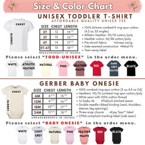 K&ouml;nnte beinhalten: Gr&ouml;&szlig;en- und Farbtabelle f&uuml;r Unisex-T-Shirts f&uuml;r Kleinkinder und Gerber-Baby-Bodys. Enth&auml;lt Gr&ouml;&szlig;en-, Brust- und L&auml;ngenma&szlig;e in Zoll. Verf&uuml;gbare Farben sind Wei&szlig;, Athletic Heather, Natur, Pink, Heather Mauve, Rot, Dark Grey Heather und Schwarz.