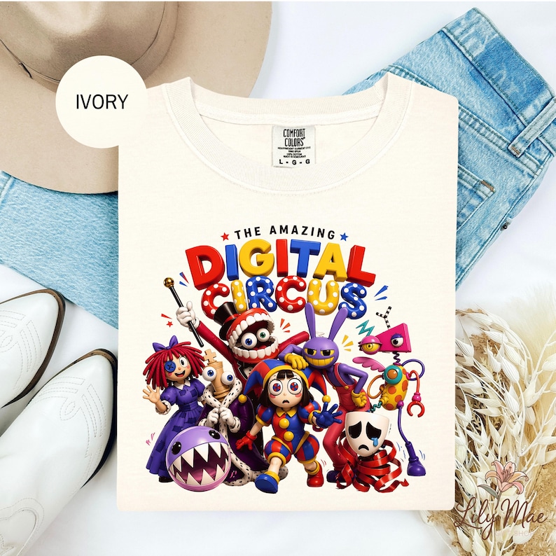 Colorful Amazing Digital Circus character group design featuring Pomni, Jax and circus cast in retro cartoon style.
