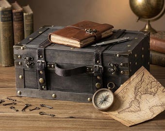 Vintage Wooden Storage Trunk, Retro Treasure Chest, Dark Academia Decor, Keepsake Box
