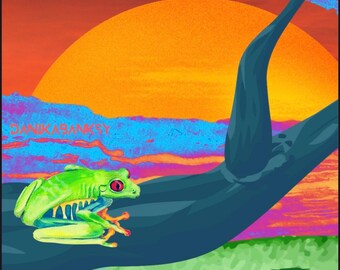 Cosmic Frog-kunstafdruk • Psychedelische zonsondergang in lotusvijver (digitale download)