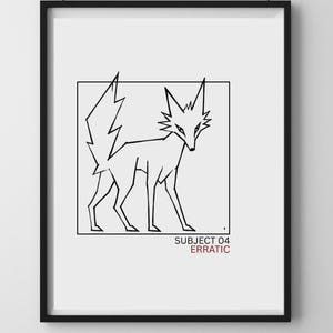 Puede incluir: Lámina artística enmarcada en negro con un dibujo lineal minimalista de un zorro. El zorro está dibujado en un estilo geométrico, con ángulos y líneas afiladas. El texto "SUBJECT 04 ERRATIC" está debajo en negro y rojo.