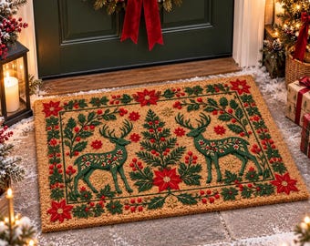 Felpudo de ciervo navideño, felpudo de bienvenida con temática de bosque vintage, felpudo de árbol de Navidad para la puerta principal, decoración rústica navideña para el porche, regalo de inauguración de casa de invierno