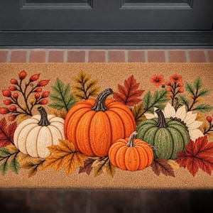 May include: A rectangular tan coir doormat featuring a printed autumn design. The illustration displays three pumpkins in white, orange, and green, surrounded by colourful fall foliage, red berries, and a sunflower, all arranged on a textured surface.