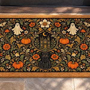 Peut inclure: Un paillasson rectangulaire en fibre de coco sur fond noir, orné d'un motif botanique symétrique composé de citrouilles orange, de fantômes blancs, d'une maison hantée centrale, d'un croissant de lune et d'un chat noir entouré de fleurs.