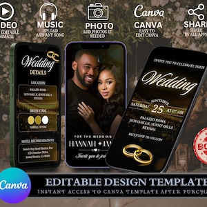 Op de afbeelding: Drie smartphones met sjablonen voor huwelijksuitnodigingen. De linkertelefoon toont huwelijksdetails, de middelste telefoon toont een stel en de rechtertelefoon toont de uitnodiging met gouden ringen. De afbeelding bevat Canva- en bonuslabels.