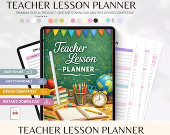 Könnte beinhalten: Ein digitaler Lehrer-Lektionsplaner auf einem Tablet, mit einem Cover im Tafelstil. Das Bild zeigt den Titel "Teacher Lesson Planner", zusammen mit Büchern, Bleistiften, einem Globus und einer Uhr. Der Text "Easy to Use" und "Instant Download" ist ebenfalls sichtbar.