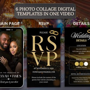 May include: Digital wedding invitation templates displayed on a smartphone and two cards. The main page shows a couple, with the text "For the wedding of Hannah + James". The RSVP card features "RSVP" in gold, and the details card includes location and dress code.