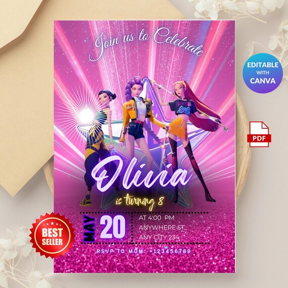 KPOP Birthday Invitation, Customizable Invite, Demon Hunter Kids Party, Music Lover, Editable Digital PDF