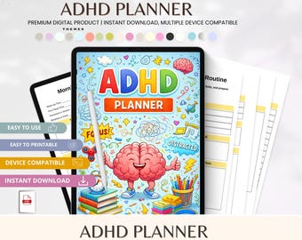 May include: A digital ADHD planner displayed on a tablet, featuring a colorful design with a cartoon brain, pencils, and the text "ADHD PLANNER." The image also shows printable pages and the words "Easy to Use" and "Instant Download."