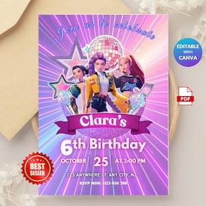 May include: A birthday party invitation with a purple and pink theme. The invitation features three animated figures, a disco ball, and a star. Text includes "Join us to celebrate", "Clara's 6th Birthday", and event details.