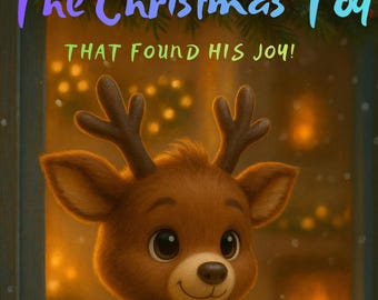 Pode incluir: Ilustração de um brinquedo de rena marrom com uma gravata borboleta azul e branca. O texto "The Christmas Toy THAT FOUND HIS JOY!" está no topo. O texto "Shazza Hugs Essex Tale Books" está na parte inferior.