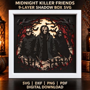 Puede incluir: Una caja de sombra de 9 capas en un marco blanco con el texto MIDNIGHT KILLER FRIENDS 9-LAYER SHADOW BOX SVG. El diseño muestra tres figuras de terror en tonos negro, gris y rojo frente a una luna pálida y siluetas de árboles oscuros.