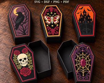 Gothic Coffin Box SVG Bundle, 5 Halloween Templates, Layered & Print Then Cut