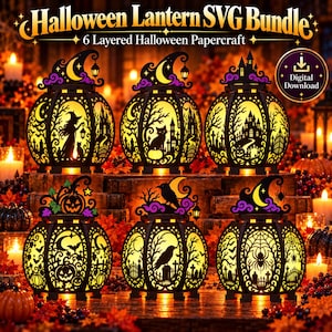 Peut inclure: Un ensemble de téléchargement numérique comprenant six modèles de lanternes d'Halloween en papier superposé. Chaque lanterne présente des silhouettes noires complexes de sorcières, chats, maisons hantées, citrouilles, corbeaux et toiles d'araignée.