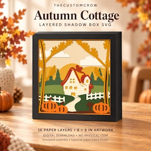Puede incluir: Un marco cuadrado negro que contiene una escena de papel de 16 capas titulada Autumn Cottage. La obra muestra una casa blanca, un camino sinuoso, una valla blanca, calabazas naranjas, árboles verdes y follaje amarillo sobre un cielo claro.