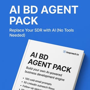 Pode incluir: Um livro branco intitulado "AI BD AGENT PACK" sobre um fundo azul. A capa inclui o texto "Replace Your SDR with AI (No Tools Needed)". O livro lista recursos como prompts de e-mail frio e fluxos do LinkedIn.