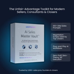 Pode incluir: Uma caixa de produto branca para "AI Sales Master Vault" da Loopreach, com texto e gráficos azuis. A caixa inclui o texto "The Ultimate Prompt, Script & Growth Accelerator for High-Performance Sellers." O texto adicional inclui "100+ Elite Sales Prompts" e "Negotiation Scripts Used by Top Closers."