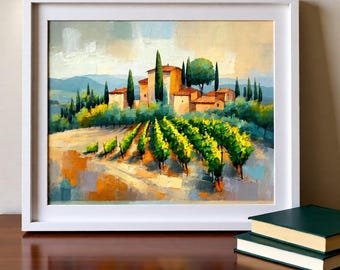 トスカーナのブドウ園の絵画：イタリアの農家の風景画（デジタルアート