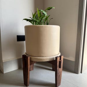 May include: A beige ceramic planter with a green plant sits on a dark wood plant stand. The planter is cylindrical and has a matching saucer. The stand has a geometric design with four legs.