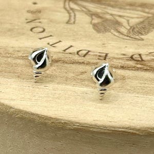 May include: A pair of small, silver-colored seashell stud earrings. The earrings are detailed with a spiral design and a dark, contrasting interior. They are displayed on a wooden surface.