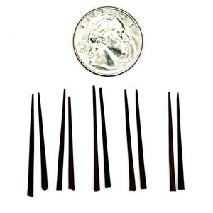 May include: A collection of dark brown and black wooden chopsticks of varying lengths, arranged on a white background. A US quarter coin is placed above the chopsticks for size comparison.
