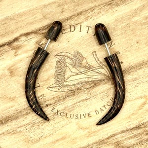 May include: A pair of dark brown, curved earrings with a silver post. The earrings have a unique, organic shape and a polished finish. They are displayed on a wooden surface with the text "EXCLUSIVE BATCH" and a botanical illustration.