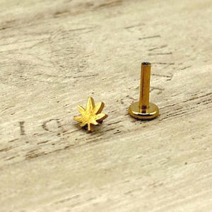 May include: A gold-colored flat back stud earring featuring a small leaf-shaped charm. The piece consists of a separate decorative leaf top and a post with a circular base, both finished in a metallic gold tone with a smooth, polished surface.