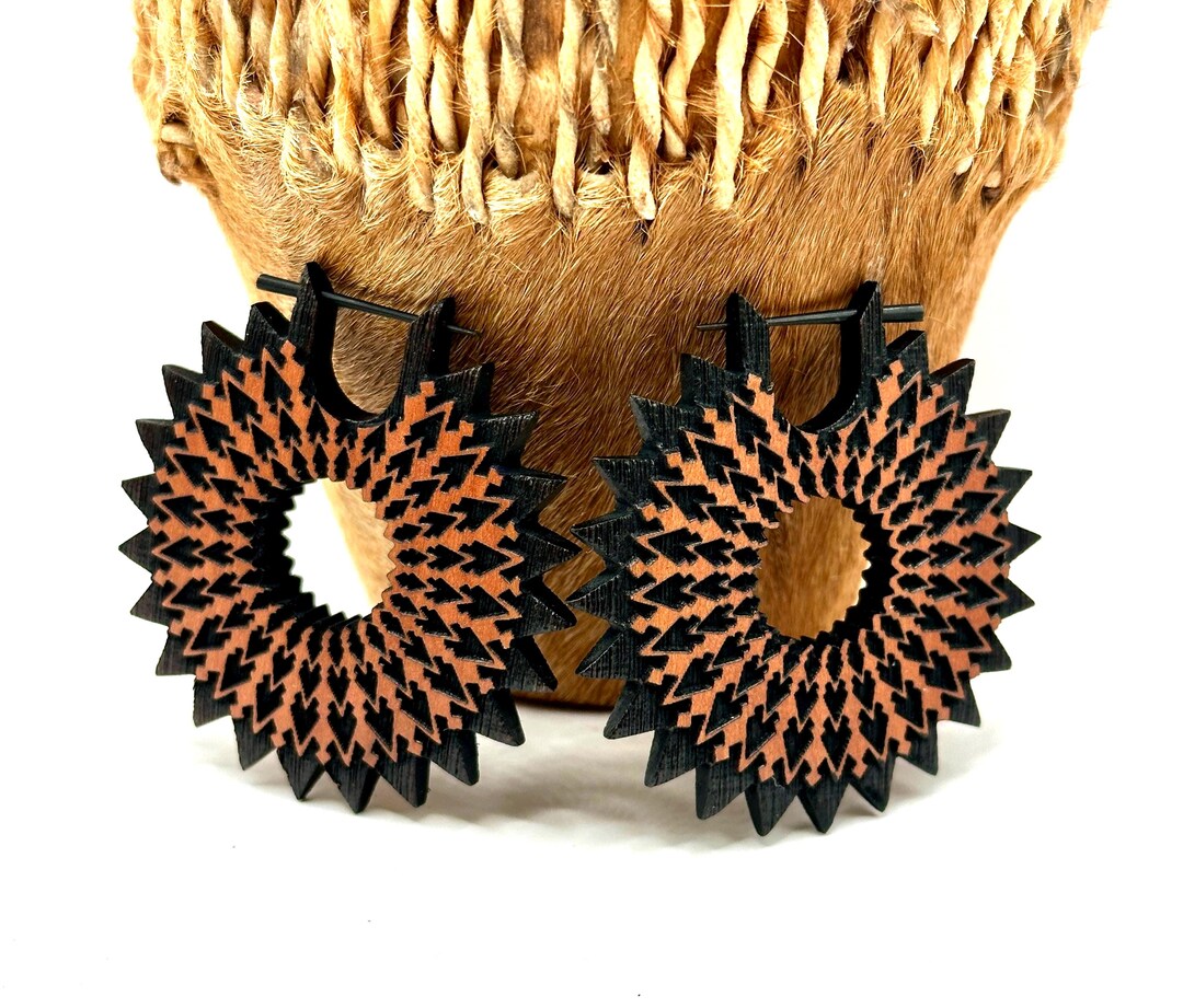 Engraved Spiky Mandala Design Sawo Wood Tribal Earrings Boho Sunburst 