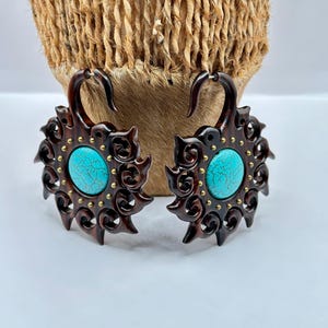 Fake Gauge Wooden Earrings with Turquoise - Comes in Pairs