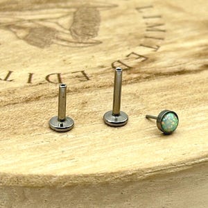 May include: Three silver-colored body jewelry pieces on a wooden surface. Two pieces have a flat, circular base and a cylindrical post. The third piece has a similar base with a small, round, opalescent stone. The wooden surface has the words "LIMITED EDITION" etched into it.