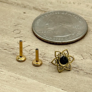 Threadless Flower Labret Top, Black Epoxy, Steel Piercing Jewelry