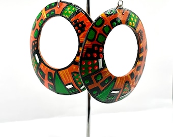 Large Coconut Shell Painted Earrings: African Colors , Silver Hooks
