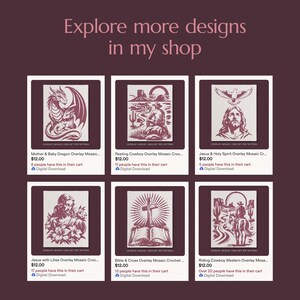 May include: A digital display featuring six overlay mosaic crochet PDF patterns on a dark background. The designs include a mother and baby dragon, a resting cowboy, Jesus with the Holy Spirit, Jesus with lilies, a Bible and cross, and a riding cowboy.
