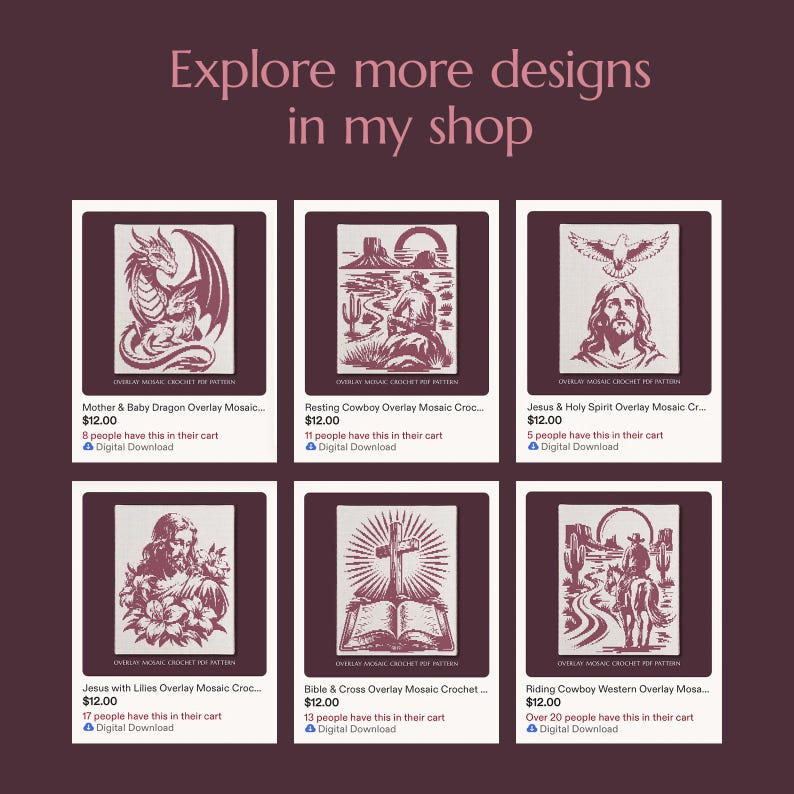 May include: A digital display featuring six overlay mosaic crochet PDF patterns on a dark background. The designs include a mother and baby dragon, a resting cowboy, Jesus with the Holy Spirit, Jesus with lilies, a Bible and cross, and a riding cowboy.
