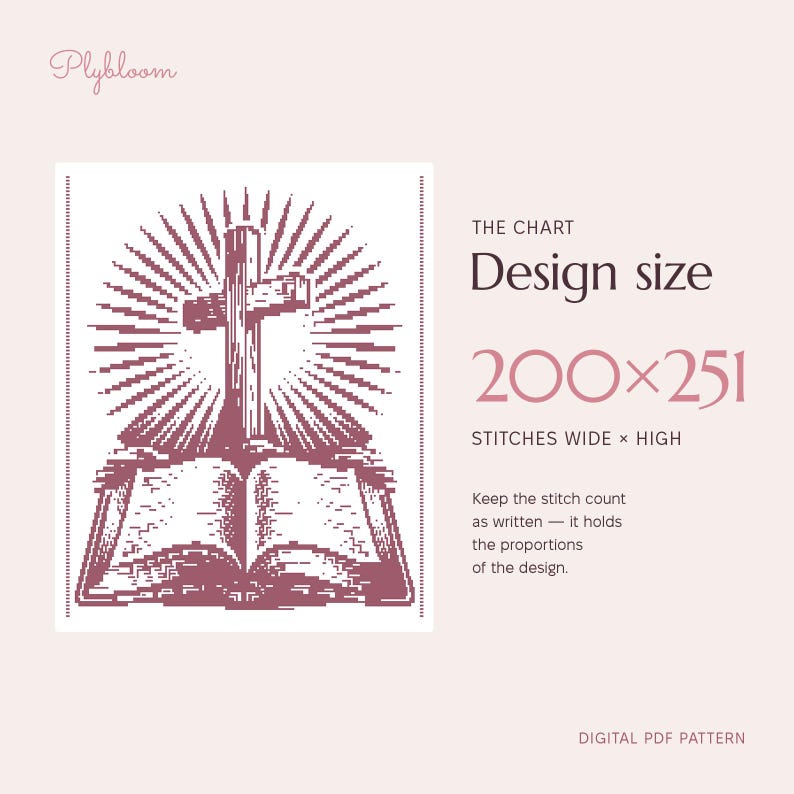 May include: A digital PDF pattern by Plybloom featuring a cross standing on an open book with radiating light rays. The design size is 200x251 stitches wide by high. Text includes THE CHART, Design size, 200x251, STITCHES WIDE x HIGH.