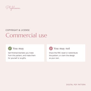May include: A digital PDF pattern document from Plybloom titled Commercial use. It outlines licensing terms, stating you may sell finished blankets made from the pattern, but you may not share, resell, redistribute the pattern, or claim the design.