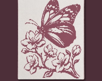 Fjärils- och körsbärsblommor Mosaikfilt PDF-mönster | Blommig vårdekoration