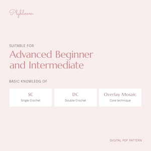 May include: A digital PDF pattern by Plybloom with text stating it is suitable for advanced beginner and intermediate skill levels. It lists basic knowledge requirements including SC Single Crochet, DC Double Crochet, and Overlay Mosaic core technique.