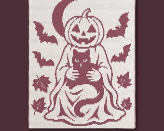 Halloweenpumpahuvudspöke med svart kattöverlägg Mosaikvirkad filt PDF-mönster