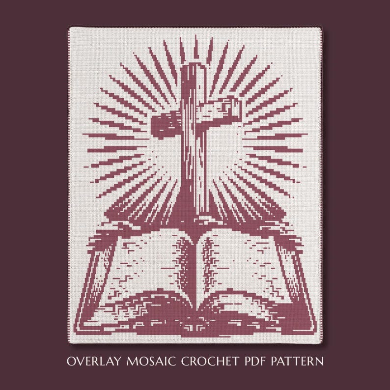 May include: A rectangular crochet pattern featuring a dark maroon design on a white background. The graphic depicts an open book with a large cross rising from the center, surrounded by radiating sunburst lines. Text reads OVERLAY MOSAIC CROCHET PDF PATTERN.