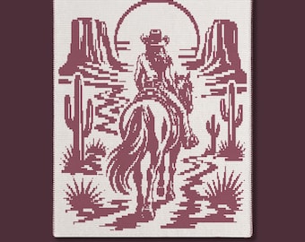Cowgirl rider in i solnedgången mosaikfilt PDF-mönster | Western Desert Decor